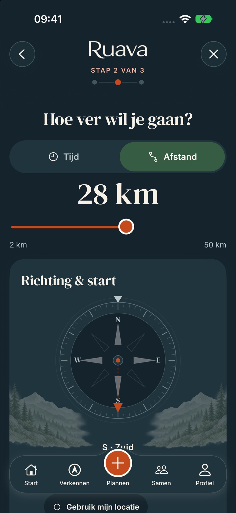 Ruava planner showing a 28 km route budget and direction options